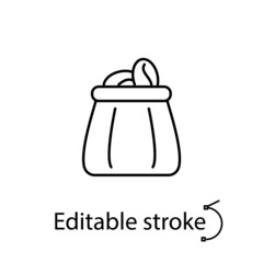 Bag with coffee beans outline icon. Editable stroke. Isolated vector stock illustration