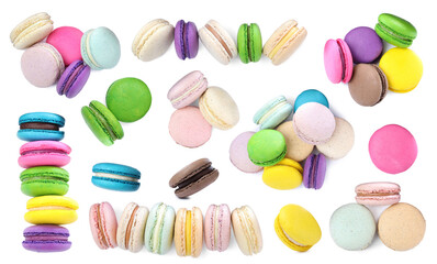 Set with different delicious macarons on white background, top view