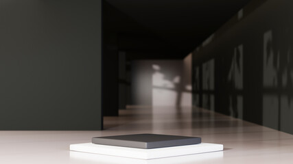 3D rendering of Gray Square Podium With White Base For Placing Products with a gray building in the background. Mockup for show product.