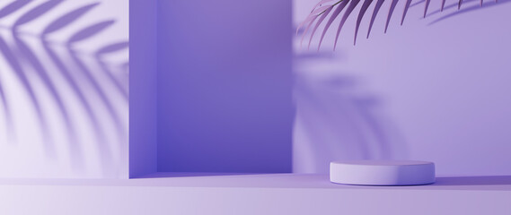 3D rendering of Light purple podium for displaying products on purple tones and leaf shadows background. Mockup for show product.