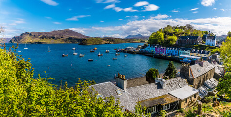 A view over the town of Portree on the Isle of Skye, Scotland on a summers day