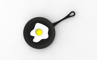 fried egg in a frying pan on a white background. top view of the frying device. chicken egg is cooked in a brazier. 3d image. 3d rendering.