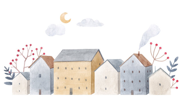 Beautiful winter composition with hand drawn watercolor cute houses. Stock illustration.