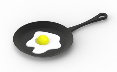 fried egg in a frying pan on a white background. side view of the frying device. chicken egg is cooked in the grill. 3d image. 3d rendering.
