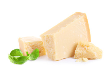 Delicious parmesan cheese and basil on white background - obrazy, fototapety, plakaty