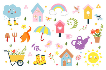 Fototapeta na wymiar Spring set - scraper, house, birds, sun, rainbow, cloud, flowers, boots and others. Great for web page design, baby stickers, poster, greeting cards. flat style illustration.