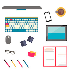 Business workspace with computer, keyboard, tablet, phone, notes, papers  and various office objects on table. Flat design illustration.
