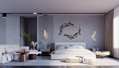 3d rendering,3d illustration, Interior Scene and  Mockup,Polished plaster walls, light yellow bedroom furniture. white living room center table