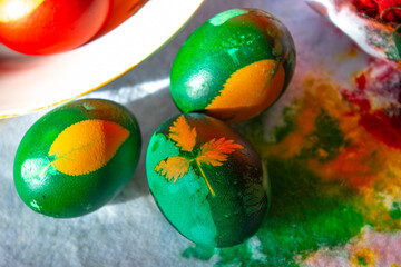 Traditional easter eggs dyed with leaves