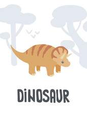 Cute tricertops dino poster. Print for nursery, textile, apparel, shirt, wall art.