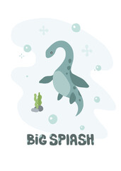 Cute elasmosaurus, splash poster. Print for nursery, textile, apparel, shirt, wall art, bath.