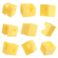 Pieces of delicious cheese on white background, collage