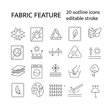 Fabric quality outline icons set. Textile industry. Different properties of fiber. Fiber feature