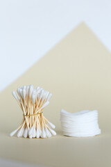 Bamboo cotton swabs on neutral background. Zero waste, plastic free lifestyle concept