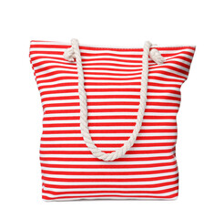 Stylish striped beach bag isolated on white. Summer accessory