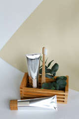 bio-degradable, compostable bamboo toothbrushes in a spa setting. Green concept, zero waste