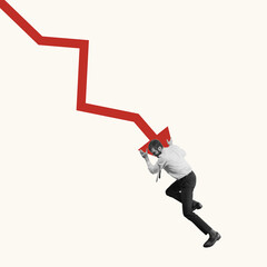 Hard work. Young man, businessman, finance analyst or clerk in business clothes isolated on light...