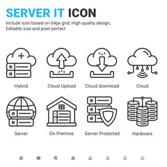 Server IT and technology icon set. Editable stroke. With line style on isolated white background. Server IT icon set contains such icons as cloud, hybrid, server, hardware, on premise and other