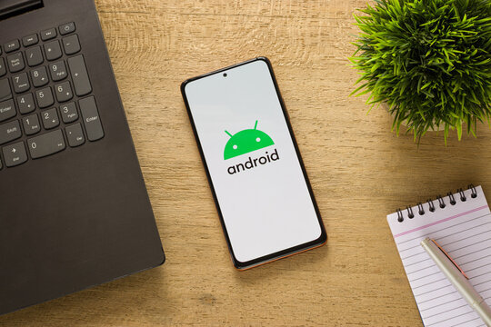 Assam, india - May 29, 2021 : Android logo on phone screen stock image.