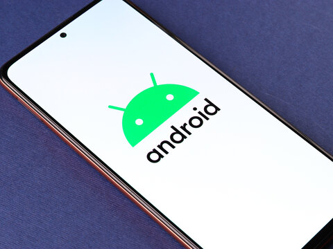 Assam, india - May 29, 2021 : Android logo on phone screen stock image.