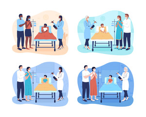 Providing sick children with medical care 2D vector isolated illustrations set. Visit patients in hospital flat characters on cartoon background. Pediatric intensive care colourful scene collection