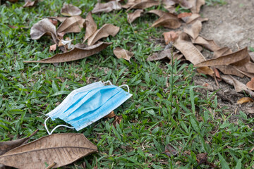 Fototapeta premium Litter of used surgical face mask with high usage due to covid pandemic polutes the environment
