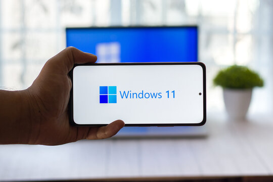 Assam, india - June 17, 2021 : Windows 11 logo on laptop screen stock image.