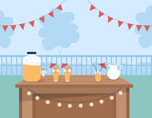 Cocktail party venue flat color vector illustration. Serving mixed summertime drinks. Place for social gatherings. Rooftop terrace 2D cartoon cityscape with festive decorations on background