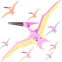 Pink flying dinosaur, yellow wings, spreading its wings on a white background. © WP_7824