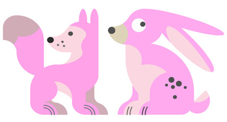 pink dog and rabbit, on white background, cartoon dog and rabbit comic, cute dog and rabbit
