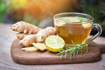 Ginger and lemon fresh cocktail, Hot ginger juice in glass and mint with slices ginger root herbal juice tea rosemary nature background - 448756582