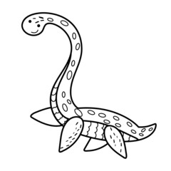Illustration Dinosaur elasmosaurus in doodle style. An isolated object on a white background. Marine animal of the Jurassic period similar to a dragon. Coloring pages for kids activity game