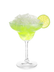 Glass of tasty daiquiri cocktail on white background