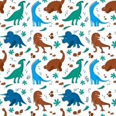 Seamless pattern with dinosaurs: triceratops,tyrannosaurus, diplodocus, talarurus, parasaurus 