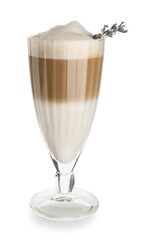 Glass of tasty lavender latte on white background