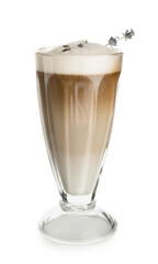 Glass of tasty lavender latte on white background