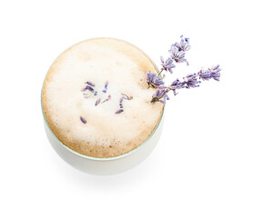 Glass of tasty lavender latte on white background