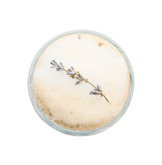Glass of tasty lavender latte on white background