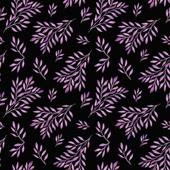 Watercolor background with purple leaves on a black background. Watercolor patern with branches and lilac leaves. Abstract leafy pattern. Design for textiles, stationery.