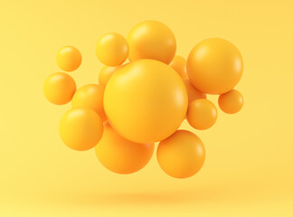 Yellow shiny balls fly on a yellow background. 3d render illustration. Illustration for advertising. Abstraction illustration.