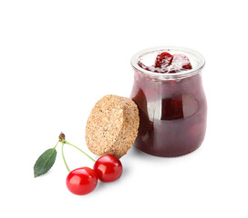 Glass jar with tasty cherry jam on white background