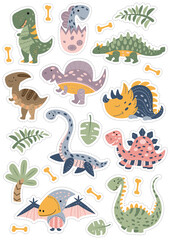 A set of stickers of cute funny dinosaurs in the Scandinavian style. Jurassic animals. printable template for kids labels. Isolated objects on the white background