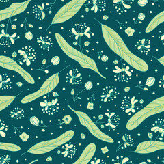 Seamless pattern with linden flowers and leaves on dark navy background 