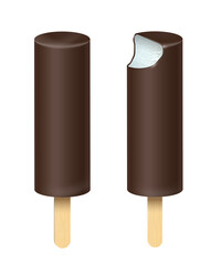 Whole and bitten ice cream Eskimo vector illustration. Popsicles covered with chocolate with wooden stick isolated on white background