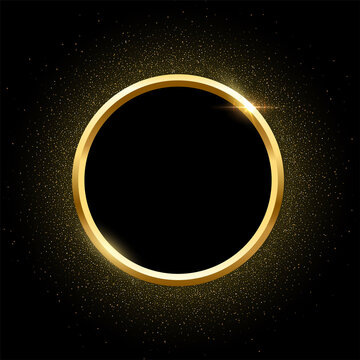 Gold round frame with golden glitter for picture on black background. Blank space for picture, painting, card or photo. 3d realistic modern circle template vector illustration. Simple object mockup
