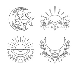 Celestial sun and moon. Boho signs set. Outline drawing. Vector illustration