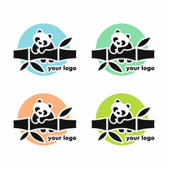 Logo with a cute panda. Set of colored logos with panda. Logo for a shop, cafe, art space, school, kindergarten. Children's illustration.