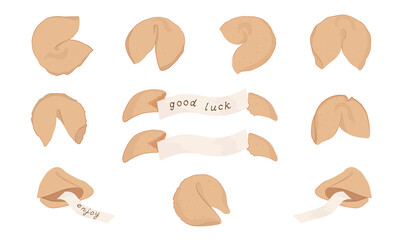 Set of Fortune Chinese Fortune Cookies. Crush cookies with  blank  note for wishes. Trendy vector illustration. Good for web and print