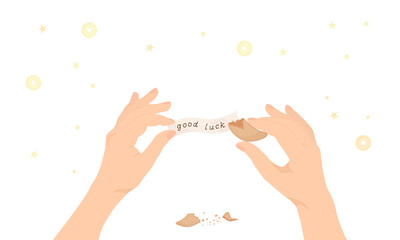 Fortune Chinese  cookies and  Blank Slip in Woman’s Hands. Crush cookies with  blank  note for wishes. Trendy vector illustration isolated on white. Good for web and print