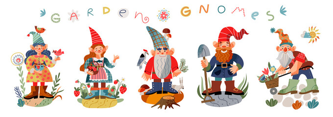 Obraz na płótnie Canvas Garden gnome set. Funny little dwarfs statues vector illustration. Collection of men and girls midgets with flowers, spade, birds, mushrooms, equipment on white background